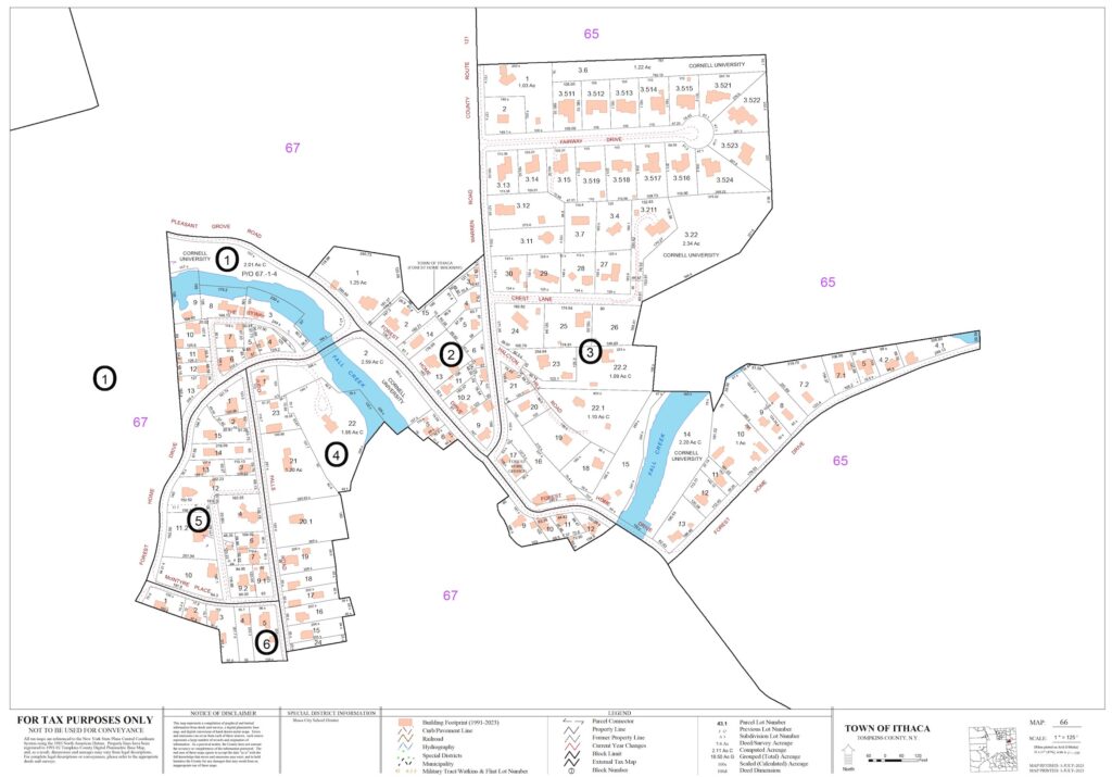 2023 Town of Ithaca Tax Map, sections 65, 66. Showing tax parcels in Forest Home