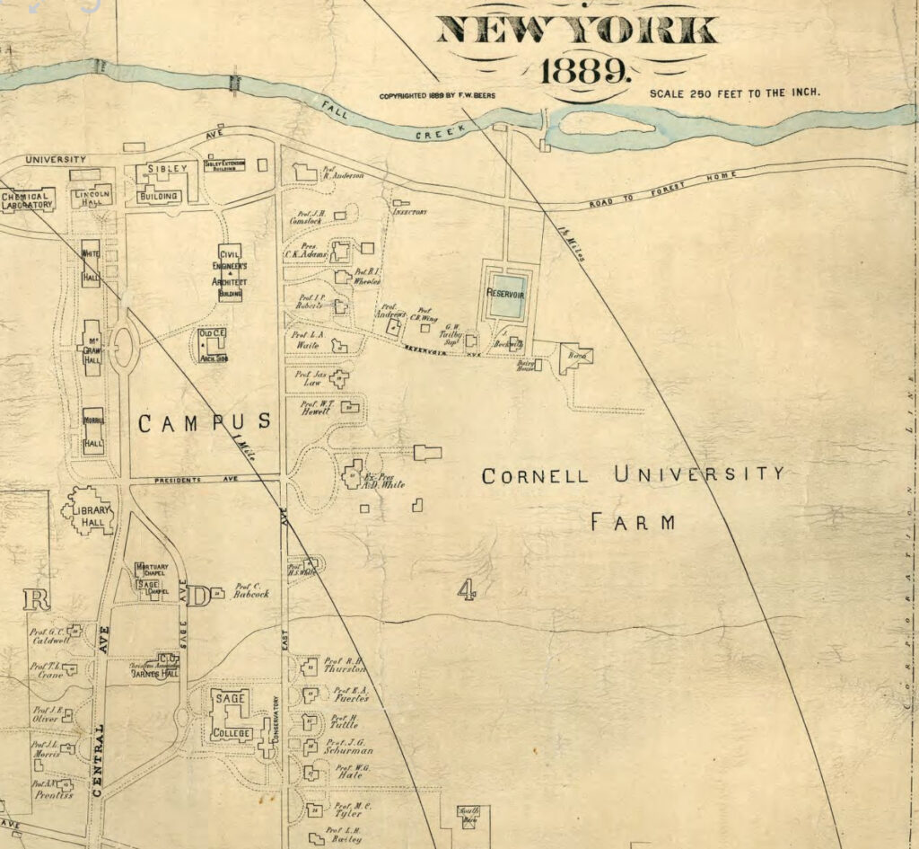 Extract of 1889 Map of City of Ithaca NY from Actual Surveys and Records showing Fall Creek near East Avenue