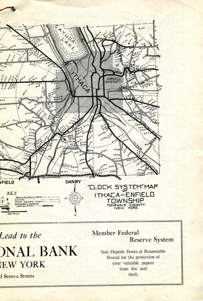 Map centered on Ithaca from Clock System Rural Index, Ithaca and Enfield Towns, 1920. (image 15).