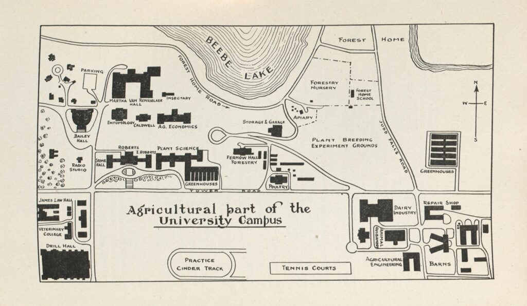 Informal plan from 1934 of the agricultural part of campus, intended for attendees of a week-long educational conference in February 1934.