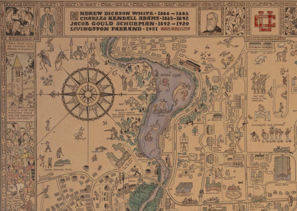 Extract from Cornell University campus map, 1928. By Ellen Edmonson. This hand-illustrated map was advertised as "Decorative – Humorous – Helpful. First Aid for Bewildered Freshmen."