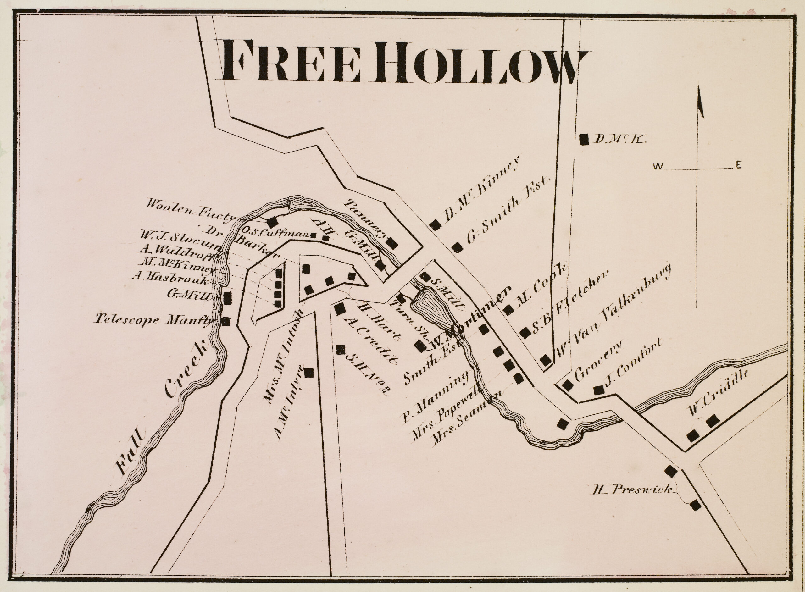 Map of Free Hollow from 1866 Tompkins County Atlas.