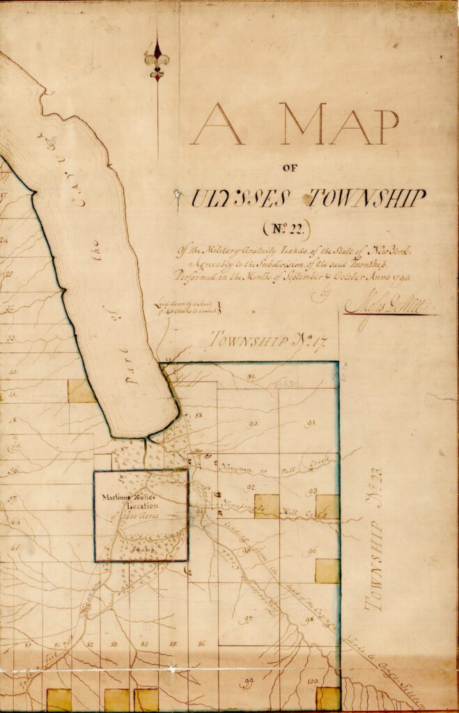 Extract from 1790 Map of Ulysses Township (No. 22) of the Military Gratuity Lands. Showing right-hand portion of map and full title.